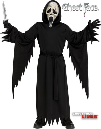 Fun World Ghost Face Kinder Kostuum Scream Masker Kostuum Horror Verkleedkleding Kind Halloween Kleding Carnaval Carnavalskleding Kind - Officiële Licentie - 3-Delig Gewaad/Riem/Masker - Unisex - Maat 12-14 Jaar
