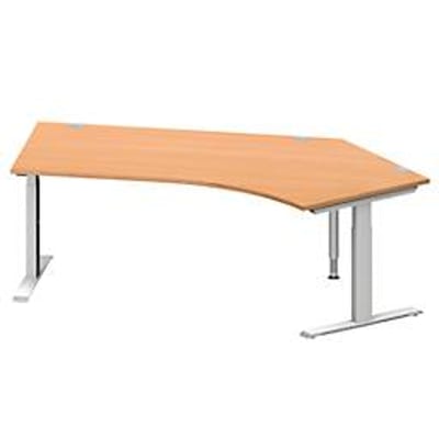 Schäfer Shop  Genius Hoekbureautafel MODENA FLEX 135°, T-poot rechthoekige buis, B 2165 mm, aanbouw rechts, beuken/blank aluminium