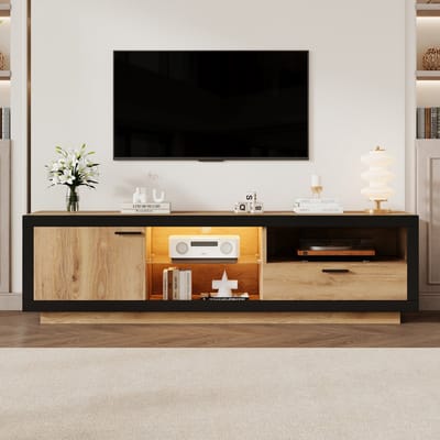Sweiko TV-meubel - LED-verlichting - Glazen planken - Met lades - Zwart + eikenhoutkleurig