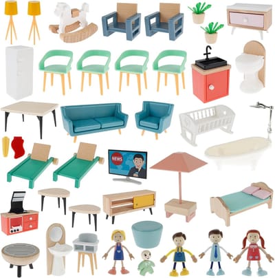 Poppenhuis Meubels - Houten Set - Kinderspel - 40 Delige Set - 36x30x10 cm - Multicolor