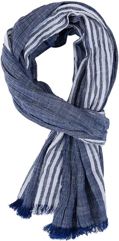 Gestreepte katoenen en linnen herensjaal, warme sjaal met kwastjes (marineblauw)