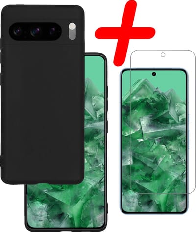 Hoesje Met Screenprotector - Geschikt voor Google Pixel 8 Pro - Sterk & Shockproof - Back Cover - Siliconen Case - Telefoon Hoes - Zwart