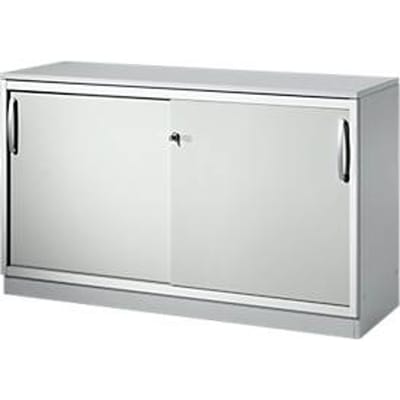 Schäfer Shop  Genius Schuifdeurkast TETRIS SOLID, 2 ordnerhoogten, B 1200 x H 818 mm, middenwand, 19 mm afdekplaat, lichtgrijs/blank aluminium