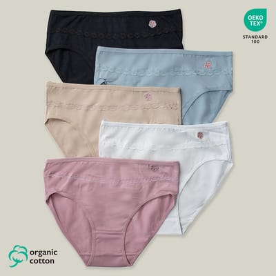5-Pack Dames Middelhoge Taille Midi Slips Organisch Katoen - Elegante Kantversiering - Superzacht - 9104 Maat M