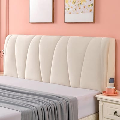 Hoofdbordhoezen voor tweepersoonsbed, 180 x 71 cm, elastisch, fluweel, anti-botsing, hoofdeindehoes met zijvak, all-inclusive, dubbele hoofdbordhoes, wasbare hoes voor bedbescherming, beige