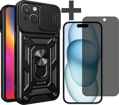 Hoesje met Privacy screenprotector Geschikt voor iPhone 15 Plus met Ringhouder en Camera schuifje - Arara backcover - Zwart