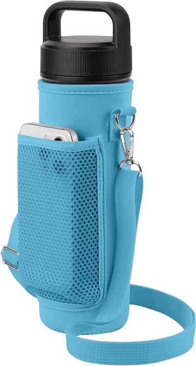 Drinkflessentas met schouderriem, geschikt voor 26oz en 65oz flessen, met netvak voor mobiele telefoon en duurzame materialen