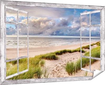 Gards Tuinposter Doorkijk Strand en Duinen met Bewolking - 180x120 cm - Tuindoek - Tuindecoratie - Wanddecoratie buiten - Tuinschilderij