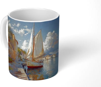 Mok - Koffiemok - Zeilschip - Huizen - Kade - Zee - Mokken - 350 ML - Beker - Koffiemokken - Theemok
