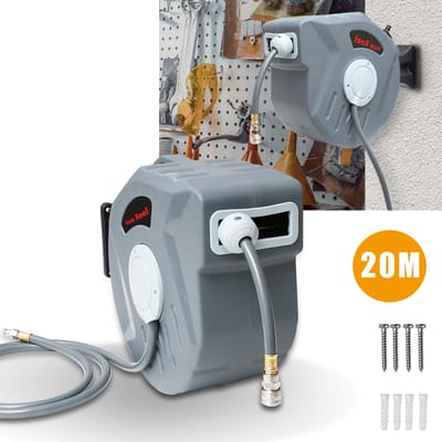 Persluchtslang oprolbaar automatische slanghaspel - 20m - wandhouder - 1/4 inch snelkoppeling - UV-bestendig - 180 ° draaibaar - incl. montagehouder