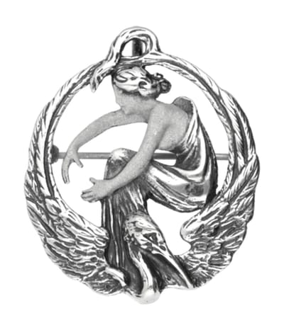 Zilveren Vrouw met overgang Kraanvogel Art Nouveau Jugendstil XL hanger en broche