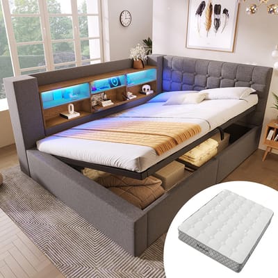 BLACKCOLORS Gestoffeerd bed 140x200 cm Tweepersoonsbed met ledverlichting, hydraulische opbergruimte, L-vormig hoofdeinde met opbergruimte, aan beide zijden te monteren, lattenbodem, linnen stof, grijs (met matras)