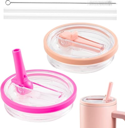 Herbruikbaar Vervangdeksel met Rietje voor Drinkbeker, Premium Accessoires voor Lekvrije en Stofdichte Bekers, Inclusief Rietje en Schoonmaakborstel (Perzik + Roze)