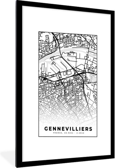 Fotolijst incl. Poster Zwart Wit- Stadskaart - Frankrijk - Kaart - Plattegrond - Gennevilliers - Zwart wit - 60x90 cm - Posterlijst