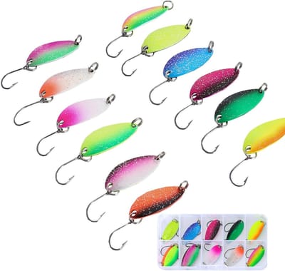 Set van 12 Trout Spoons met Doos, 2.8g Vissen Lures, Flitsende Lichten en Enkelhaak voor Forelvissen