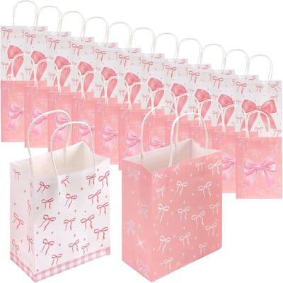 Set van 24 middelgrote roze geschenkzakken met handgrepen, kraftpapier feestzakken voor verjaardagen, bruiloften en cadeaus, 21 x 16 x 8 cm
