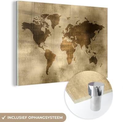 ® Glasschilderij 120x80 cm - Schilderij acrylglas - Wereldkaart - Waterverf - Patronen - Foto op glas - Muurdecoratie woonkamer - Wanddecoratie slaapkamer - Schilderijen