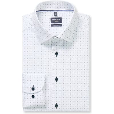 OLYMP Luxor modern fit overhemd - mouwlengte 7 - dobby - wit met licht- en donkerblauw dessin - Strijkvrij - Boordmaat: 39 (EU maat: M)