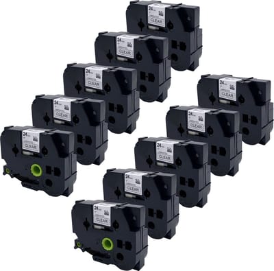 DULA Brother Compatible label tape- Tze-151 - 10 cassettes - Brother P-Touch - Zwart op transparant - 24mm x 8m