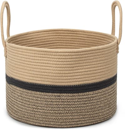 Mand van geweven katoen, handgemaakt, gevlochten speelgoedopbergmand met 2 handgrepen, kledingdekens (3 - bruine kleuren), Φ40 x 25 cm