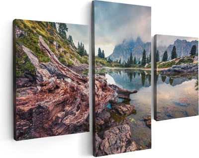 Artaza Canvas Schilderij Drieluik Meer Met Rotsen In De Alpen Bergen - 90x60 - Foto Op Canvas - Canvas Print
