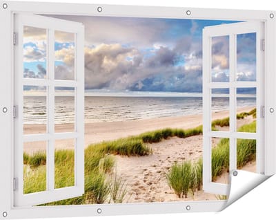 Gards Tuinposter Doorkijk Strand en Duinen met Bewolking - 120x80 cm - Tuindoek - Tuindecoratie - Wanddecoratie buiten - Tuinschilderij