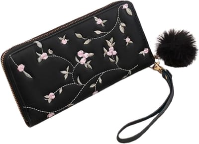 Grote Vintage Bloemen Borduur Portemonnee voor Vrouwen - Waterdichte Ritsportemonnee voor Feestdagen en Cadeaus