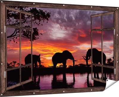 Gards Tuinposter Doorkijk Olifanten tijdens Zonsondergang - Silhouet - 180x120 cm - Tuindoek - Tuindecoratie - Wanddecoratie buiten - Tuinschilderij