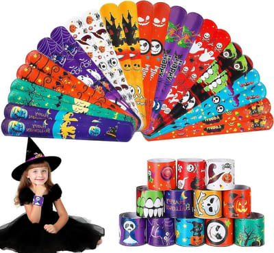 24PCS Halloween Slap Bracelets - Slap Polsbandjes met Pompoen, Spook, Spin en Heksontwerpen voor Kinderen, Ideaal als Traktaties en Speelgoed voor Halloweenfeestjes