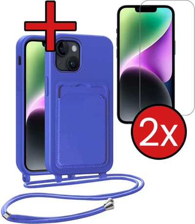 Hoesje Geschikt voor iPhone 13 Hoesje Met Telefoonkoord en Pasjeshouder Met 2x Screenprotector Siliconen - Hoes Geschikt voor iPhone 13 Hoesje Met Kaarthouder Case - Felblauw