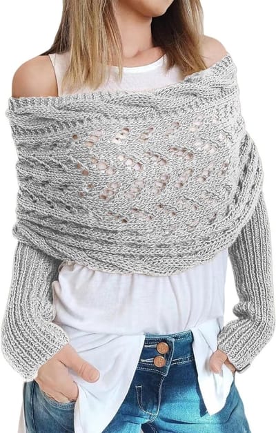 Elegante Dames Poncho voor de Winter met Mouwen, Korte Warmte, Effen Kleur en Comfortabele Cape in Lichtgrijs, One Size