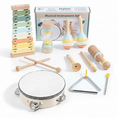 Joylux® Houten Muziekinstrumentenset 8-delig – Houten Kinderspeelgoed - Tamboerijn - Xylofoon - Triangel - Maraca's - Fluit - Rammelaar - Drumstok - Ribbelaar - Montessori Speelgoed