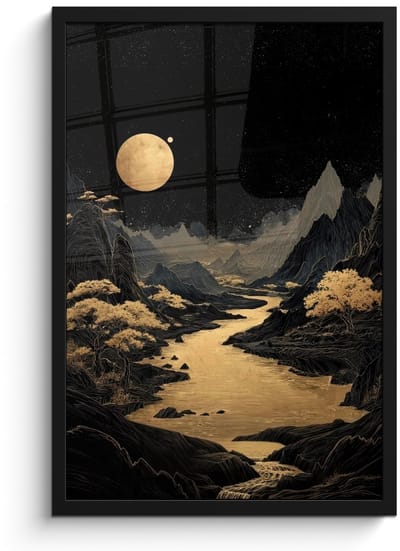 Poster in lijst - Fotolijst 40x60 cm - Posters - Gouden rivier - Bergen - Maan - Sterrenhemel - Posterlijst zwart - Decoratie - Wanddecoratie woonkamer - Muurdecoratie slaapkamer