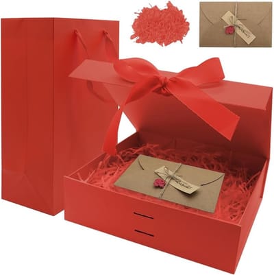 Cadeaubox met Rode Deksel, 26×19×8cm, Magnetische Cadeauverpakking met Strik, Tas en Wenskaarten voor Verjaardag en Kerstmis
