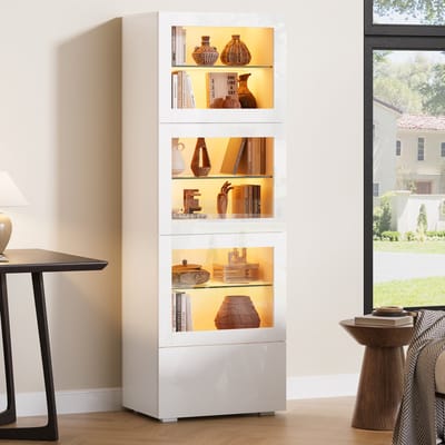 Wishdor - Vitrinekast - 3 Acryl Deuren Met Soft-Close - Led-Verlichting Met App - 1 Lade - Verstelbare Glazen Legplanken - Hoogglans Front - Wit - 60 X 40 X 173 Cm