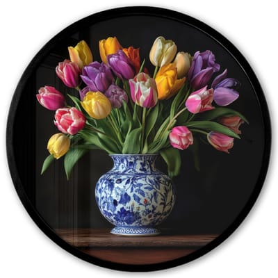 Poster in lijst Rond - Fotolijst 40x40 cm - Posters - Tulpen - Kleuren - Hout - Vaas - Ronde posterlijst zwart - Decoratie - Wanddecoratie woonkamer - Muurdecoratie slaapkamer