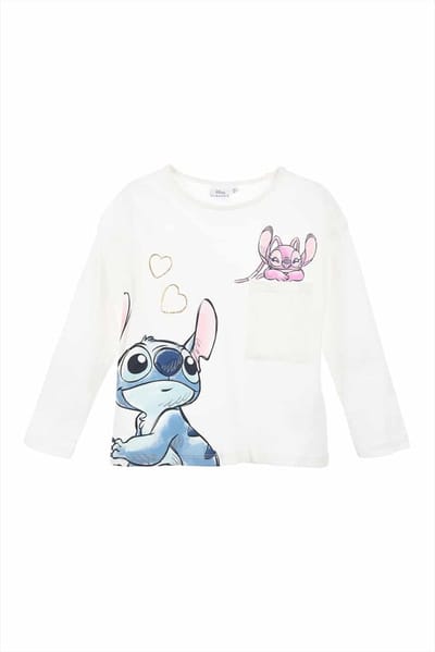 Disney Stitch Shirt - Lange Mouw - Off White - Stitch en Angel - Maat 98