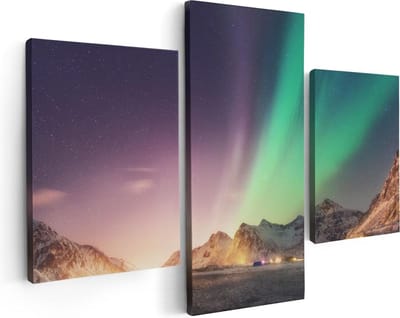 Artaza Canvas Schilderij Drieluik Noorderlicht in de Bergen met Sneeuw - 90x60 - Foto Op Canvas - Canvas Print