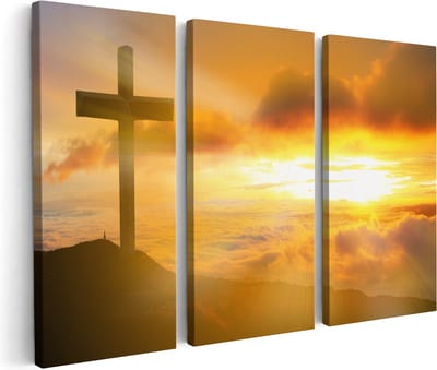 Artaza Canvas Schilderij Drieluik Kruis van Jezus Christus bij Zonsondergang - 180x120 cm - Groot - Wanddecoratie Woonkamer - Schilderijen - Muurdecoratie