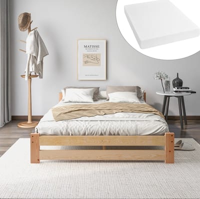 (Inclusief matras) Massief houten opklapbed, naturel houten bed, met hoofdbord en lattenbodem, naturel houtkleur (200x140 cm)