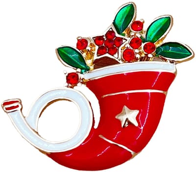 Winkrs - Kerst Broche – Rode Hoorn met Bloemen – Feestdagen, cadeau - 4x3,8cm