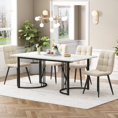 MODFU - 5-Delige Eetkamerset - Marmerpatroon En Verstelbare Poten - Modern - MDF En Metaal - Wit - 140 x 80 cm