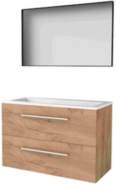 Basic-Line Framed 46 Badkamermeubelset - 100 x 46 cm - Met Grepen - 2 Lades - Acryl Wastafel - Zonder Kraangat - Spiegel met Zwart Aluminium Frame - Whisky Oak