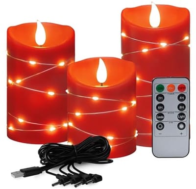 Xinhidar Set van 3 vlamloze oplaadbare kaarsen met geïntegreerde lichtketting, USB-oplaadbare led-kaars, afstandsbediening met 11 toetsen, 24-uurs timerfunctie, vlamkaars