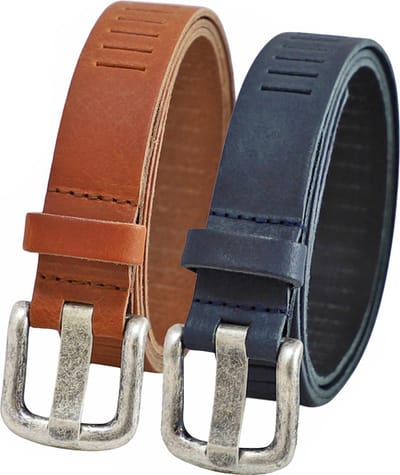 Landley Duopack met Leren Geperforeerde Riemen Smal - Voordeelset met 2 riemen - Breedte 3 cm - Dames en Heren - Cognac en Blauw - Lengte totaal 100 cm / Riemmaat 85
