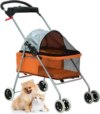Huisdier Wandelwagen - Hondenbuggy Kattenkooi - Comfortabel Reizen - Opvouwbaar Ontwerp - Tot 12 kg - Oranje