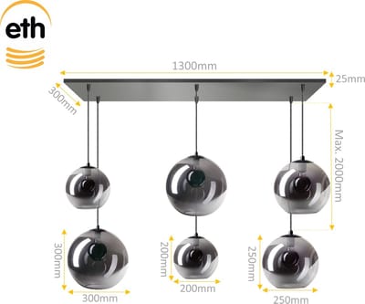 ETH Hanglamp Balk Orb 6x E27 2x20-2x25cm2x30cm (6 lichts) Smoke glass/ mirror glass