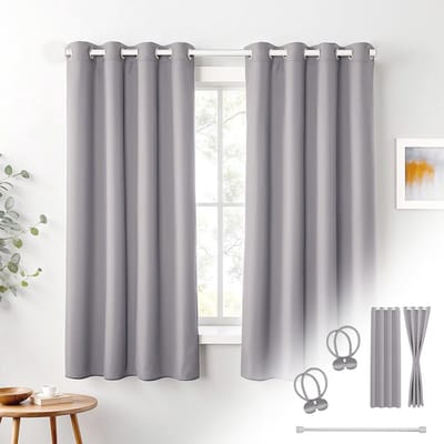 Praktische set gordijnen met klemstang en embrasses voor raam en deur, ondoorzichtig en verduisterend lichtgrijs 175x135cm
