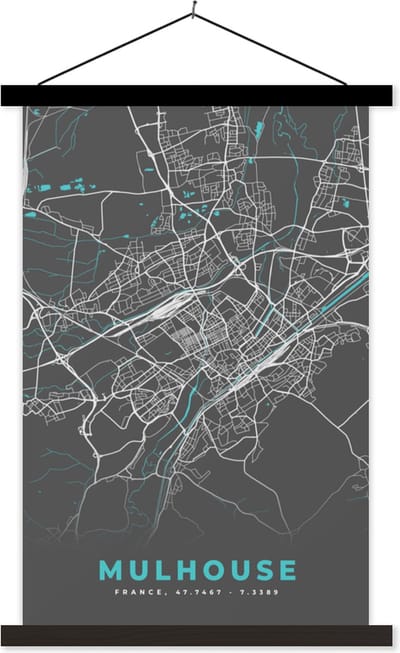Posterhanger incl. Poster 40x60 cm - Schoolplaat - Mulhouse - Frankrijk - Kaart - Plattegrond - Stadskaart - Textielposter - Zwarte latten - Stadskaart