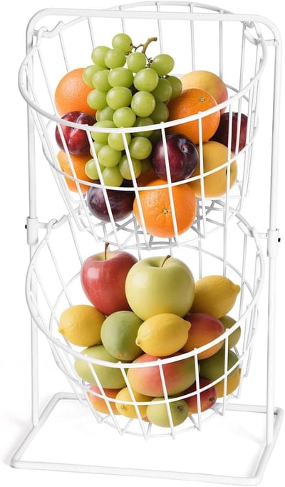 KZQ Metalen fruitmand met 2 lagen voor aanrecht, draadmand voor fruit groenten brood en snacks, Wit